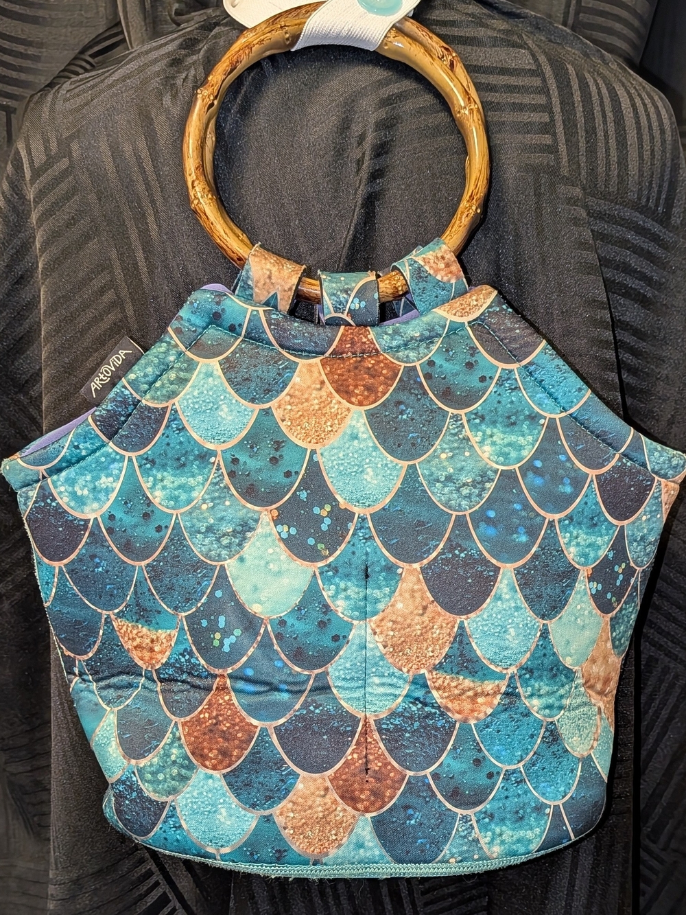 ArtoVida Mermaid-Scale Print Tote with Bamboo Ring Handles - Teal & Brown